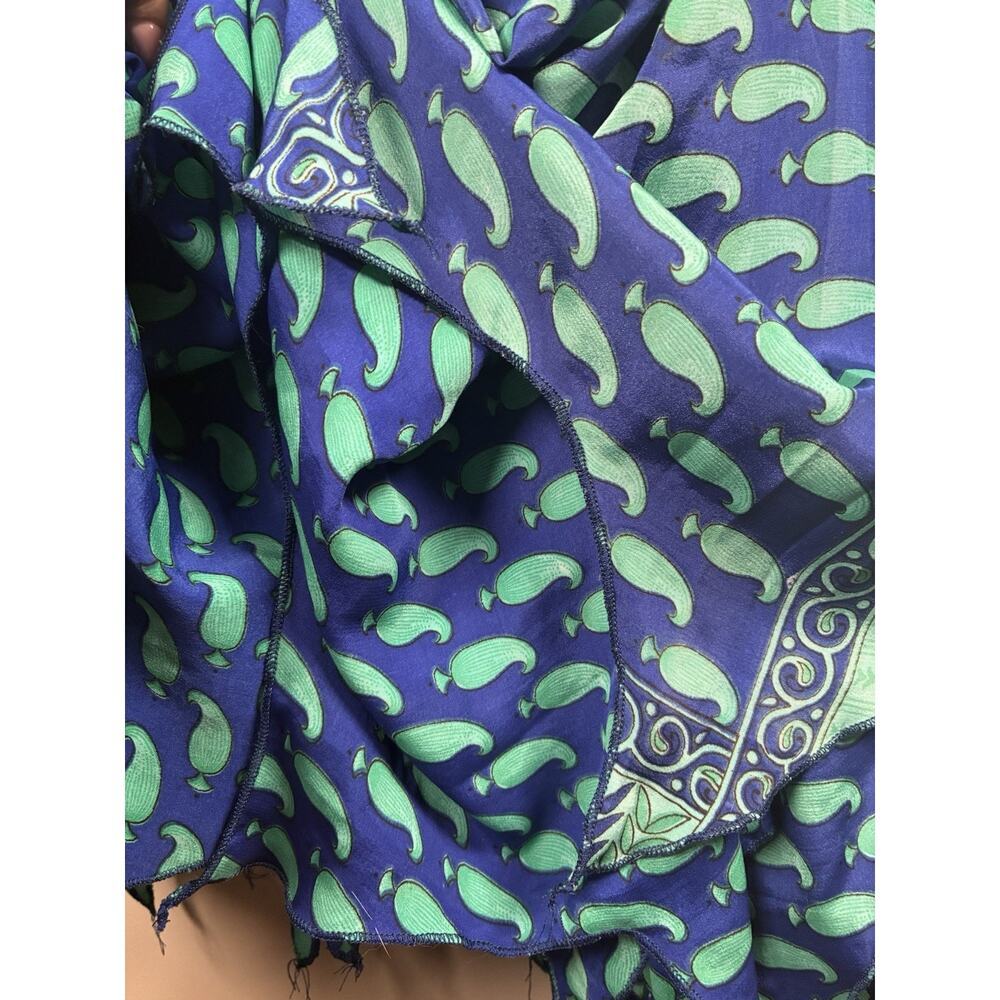 Tempol Silk Midi Dress Navy Teal Mixed Block Print Smocked Boho Chic Festival - Picture 5 of 7